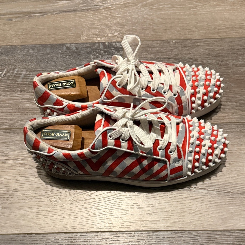 Christian Louboutin Red and White Spiked Sneakers